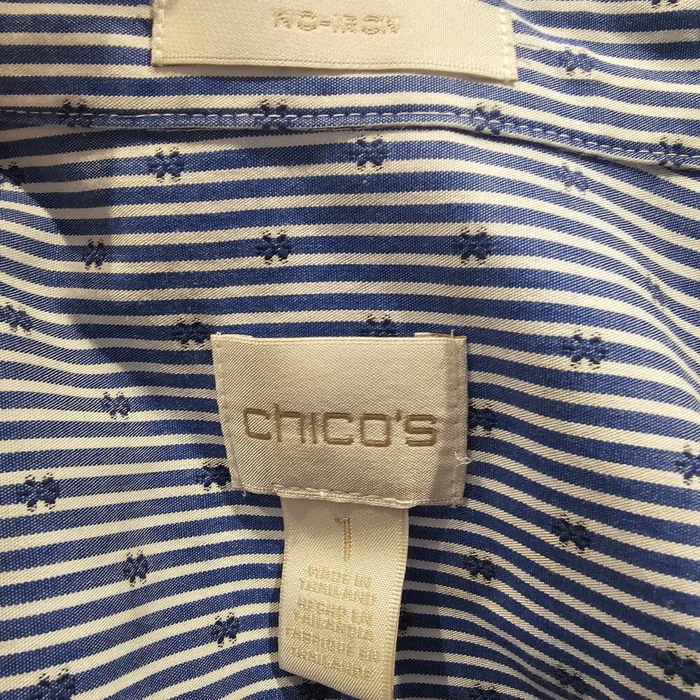 Chico's 1 (8-10) Blue White Stripe Button Up Shirt Grandma Coastal Nautical - Picture 9 of 12